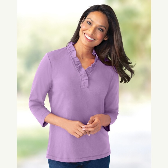 Appleseed's Prima Cotton Three-Quarter Sleeve Solid Ruffle-Neck Tee - Picture 1 of 15
